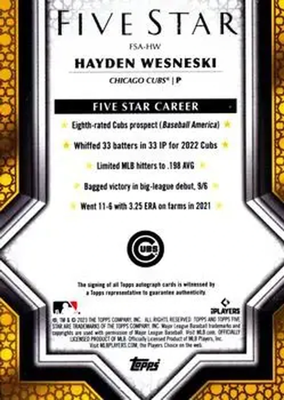 2023 Topps Five Star #FSA-HW - Hayden Wesneski - Chicago Cubs - Back