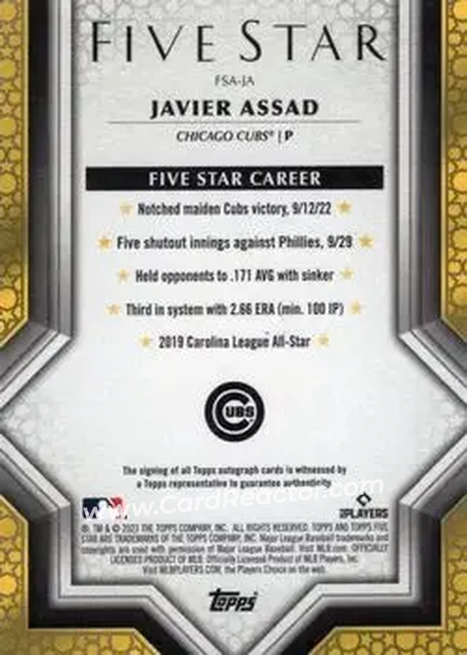 2023 Topps Five Star #FSA-JA - Javier Assad - Chicago Cubs - Back