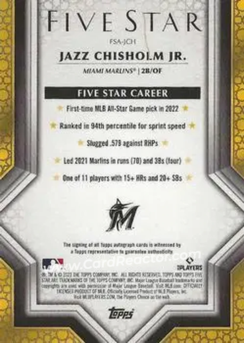 2023 Topps Five Star #FSA-JCH - Jazz Chisholm Jr. - Miami Marlins - Back