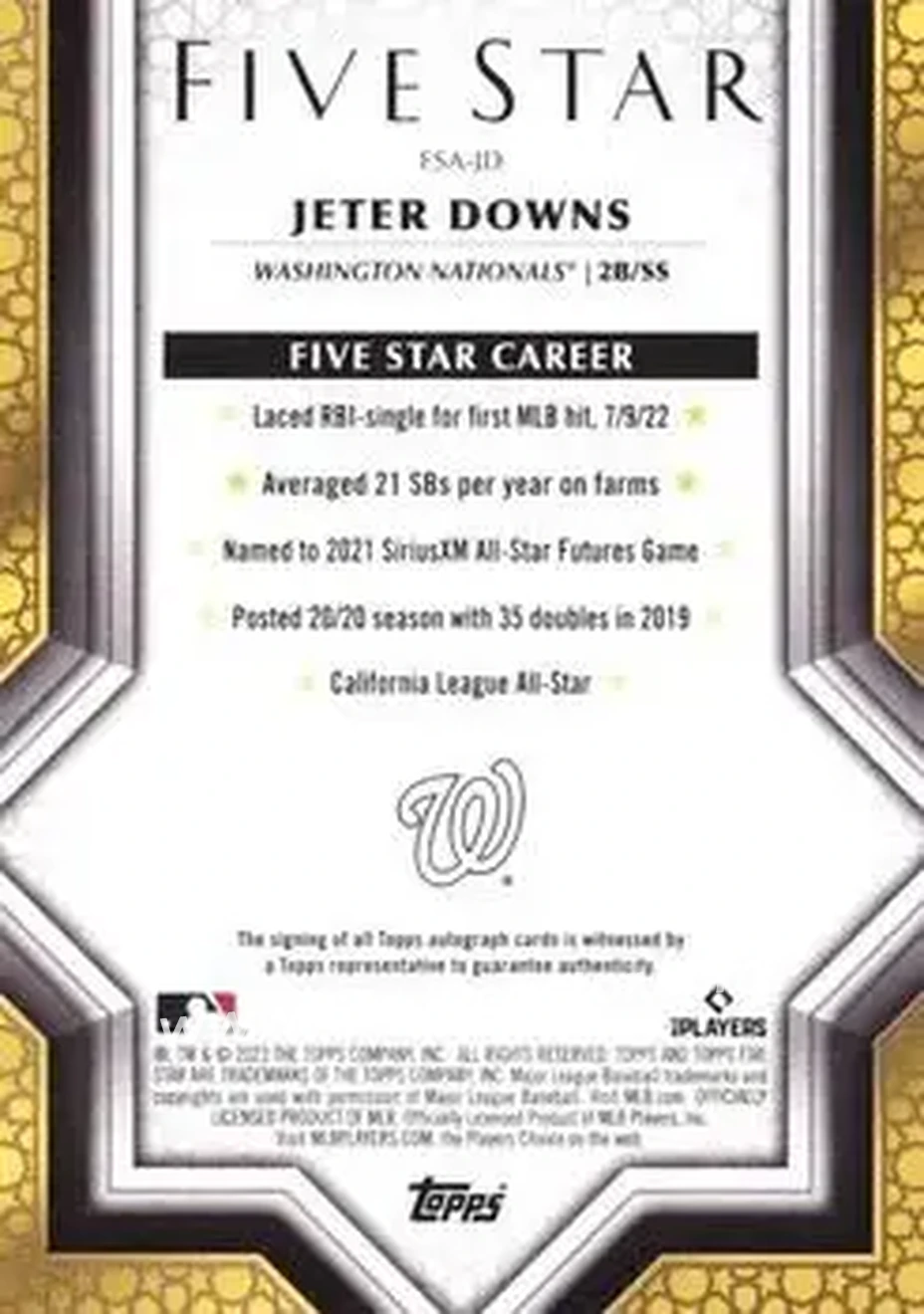 2023 Topps Five Star #FSA-JD - Jeter Downs - Washington Nationals - Back