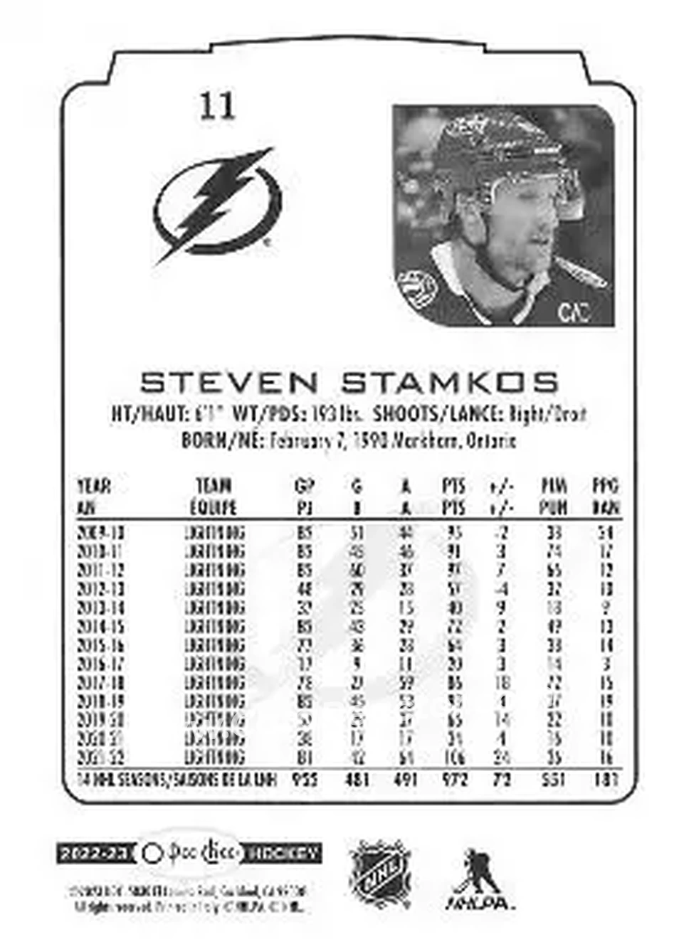 2022-23 O-Pee-Chee #11 - Steven Stamkos - Tampa Bay Lightning - Back