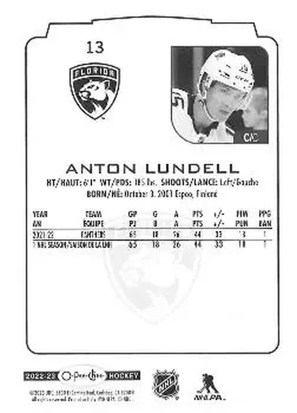 2022-23 O-Pee-Chee #13 - Anton Lundell - Florida Panthers - Back