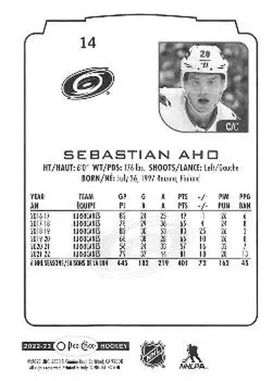 2022-23 O-Pee-Chee #14 - Sebastian Aho - Carolina Hurricanes - Back