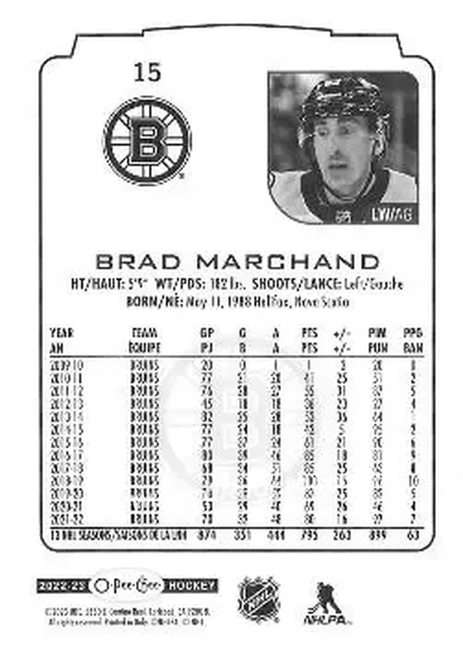 2022-23 O-Pee-Chee #15 - Brad Marchand - Boston Bruins - Back