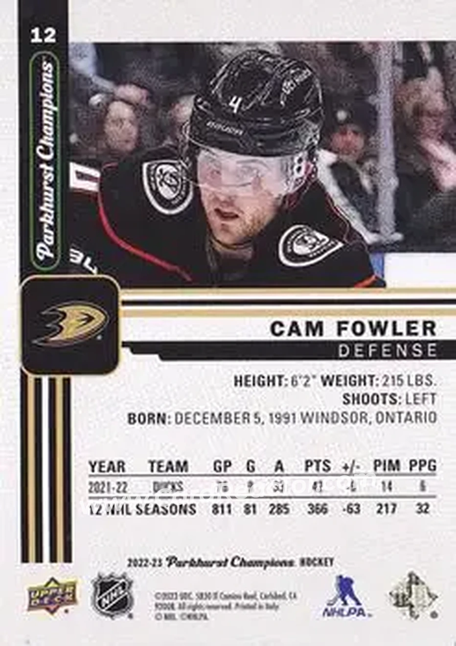 2022-23 Parkhurst Champions #12 - Cam Fowler - Anaheim Ducks - Back