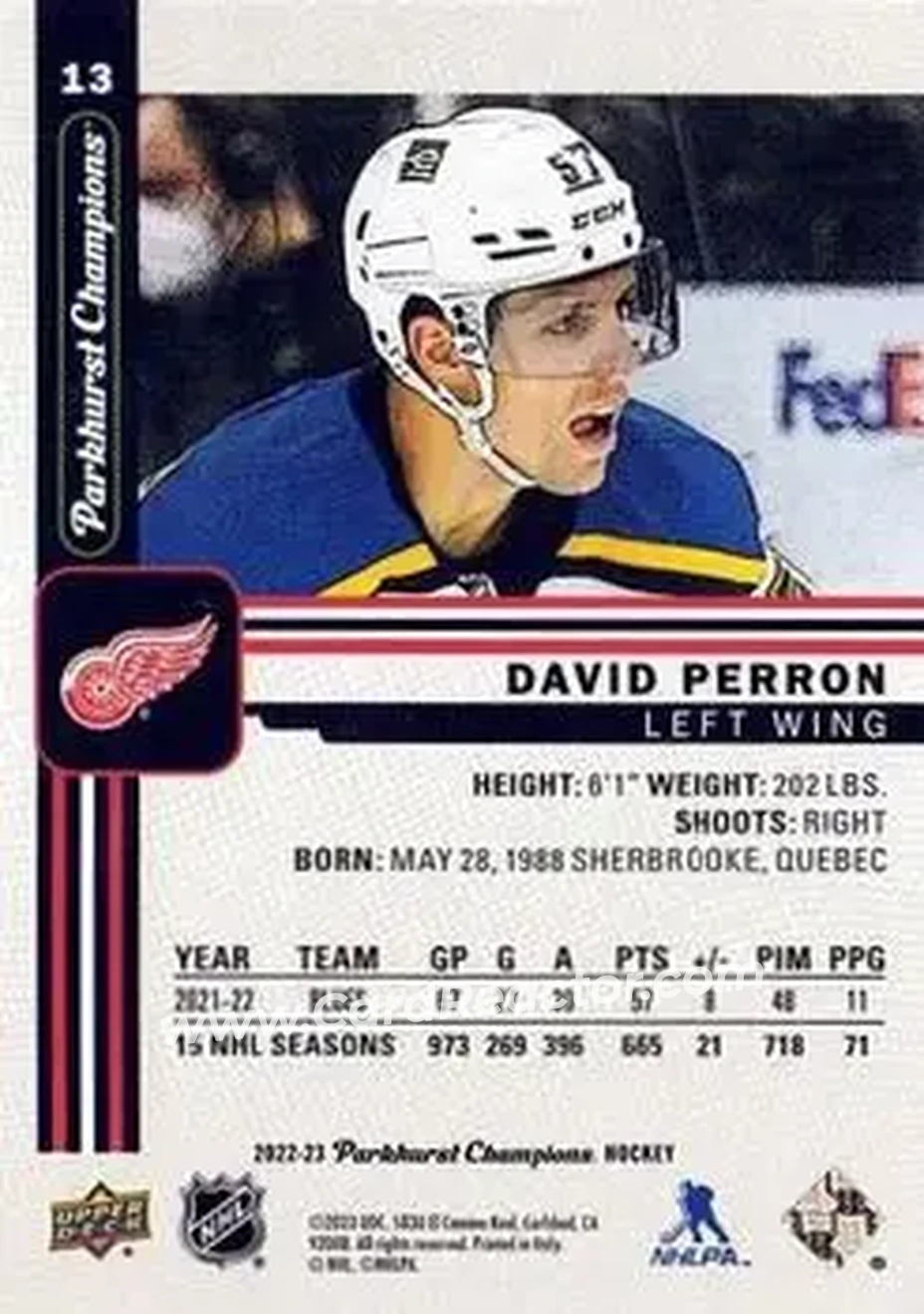 2022-23 Parkhurst Champions #13 - David Perron - Detroit Red Wings - Back