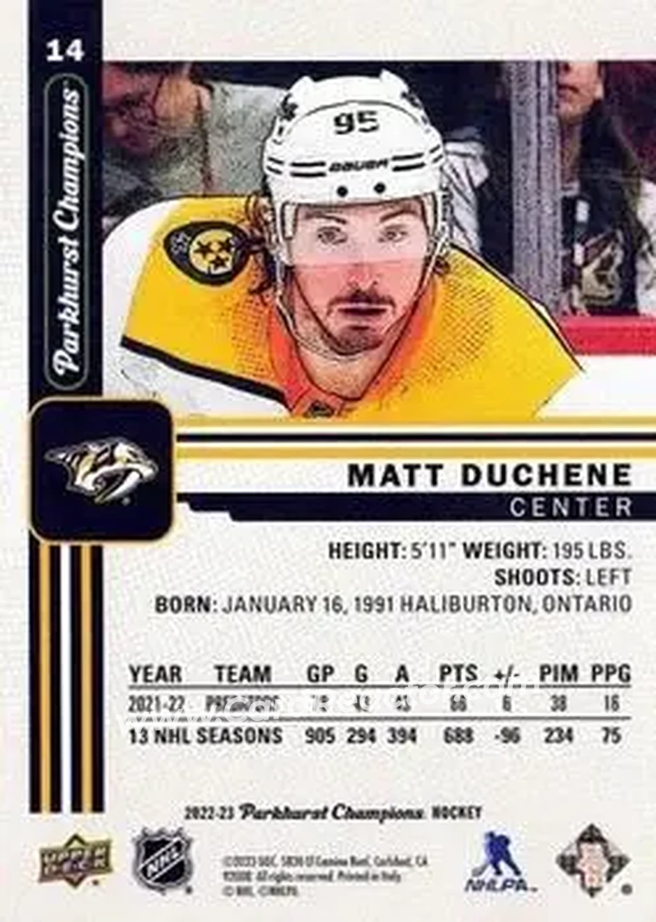 2022-23 Parkhurst Champions #14 - Matt Duchene - Nashville Predators - Back