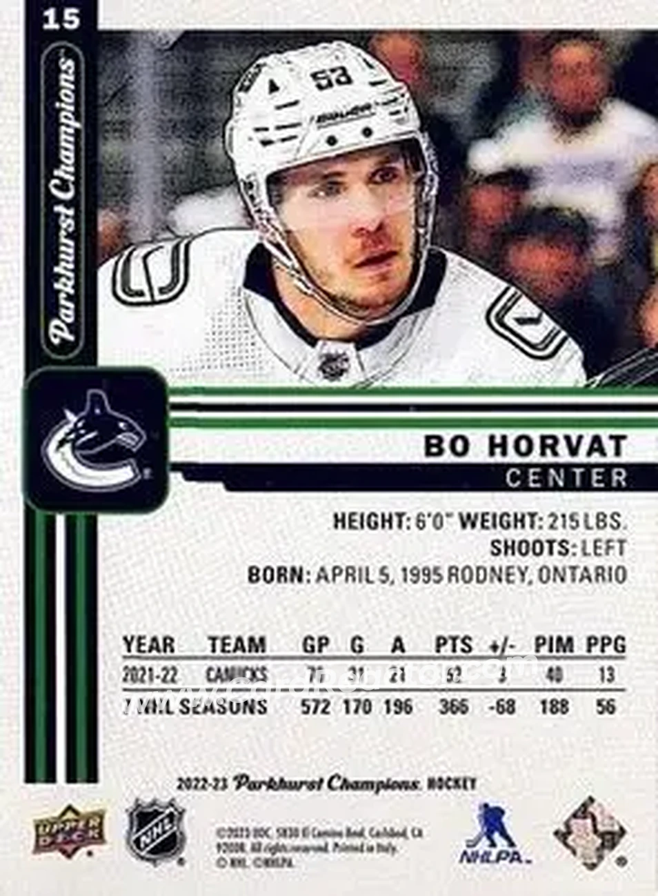 2022-23 Parkhurst Champions #15 - Bo Horvat - Vancouver Canucks - Back