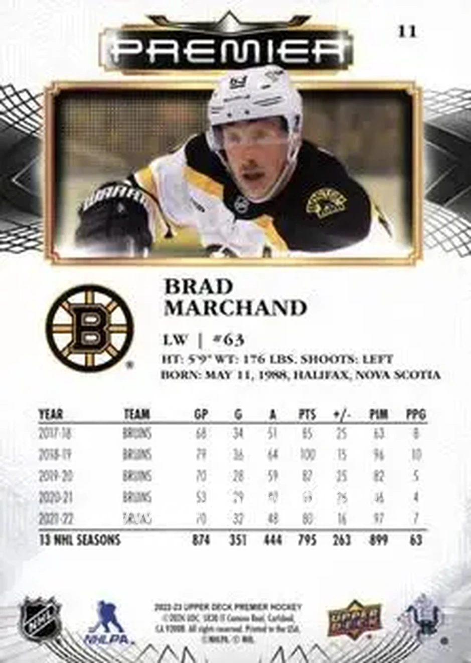 2022-23 Upper Deck Premier #11 - Brad Marchand - Boston Bruins - Back