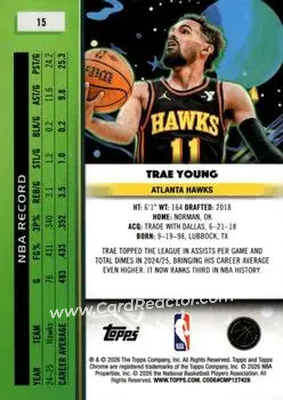 2025-26 Topps Chrome Cosmic #15 - Trae Young - Atlanta Hawks - Back 2025-26 Topps Chrome Cosmic #15 - Trae Young - Atlanta Hawks - Back