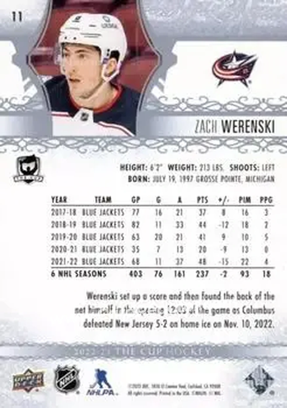 2022-23 Upper Deck The Cup #11 - Zach Werenski - Columbus Blue Jackets - Back