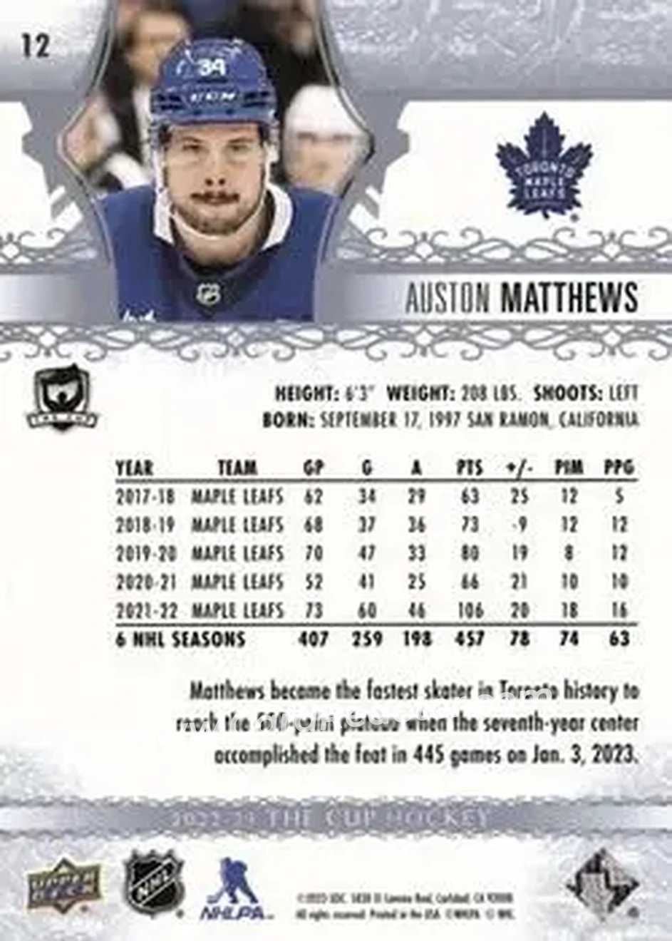 2022-23 Upper Deck The Cup #12 - Auston Matthews - Toronto Maple Leafs - Back