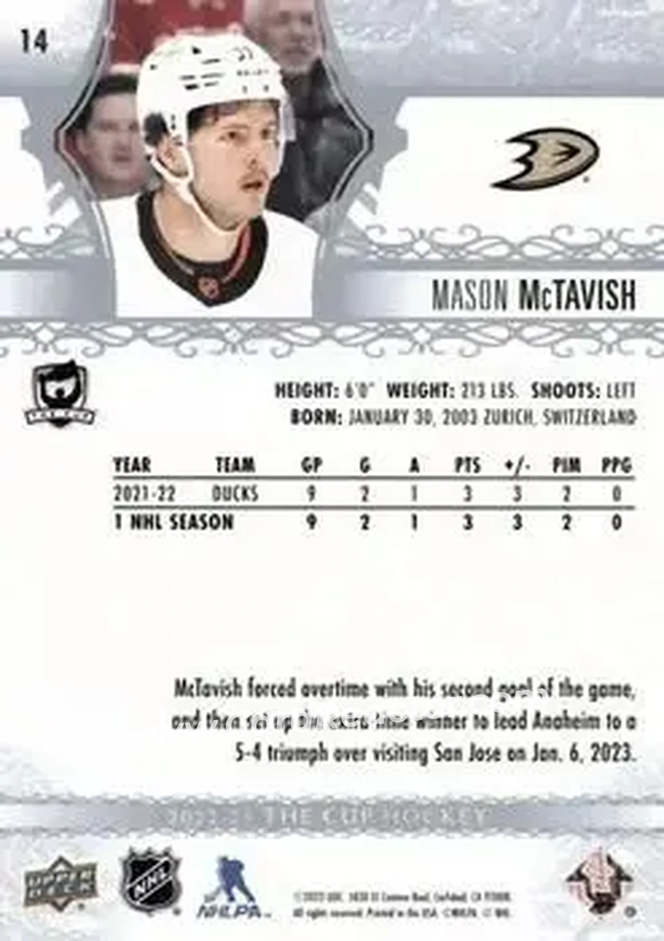 2022-23 Upper Deck The Cup #14 - Mason McTavish - Anaheim Ducks - Back