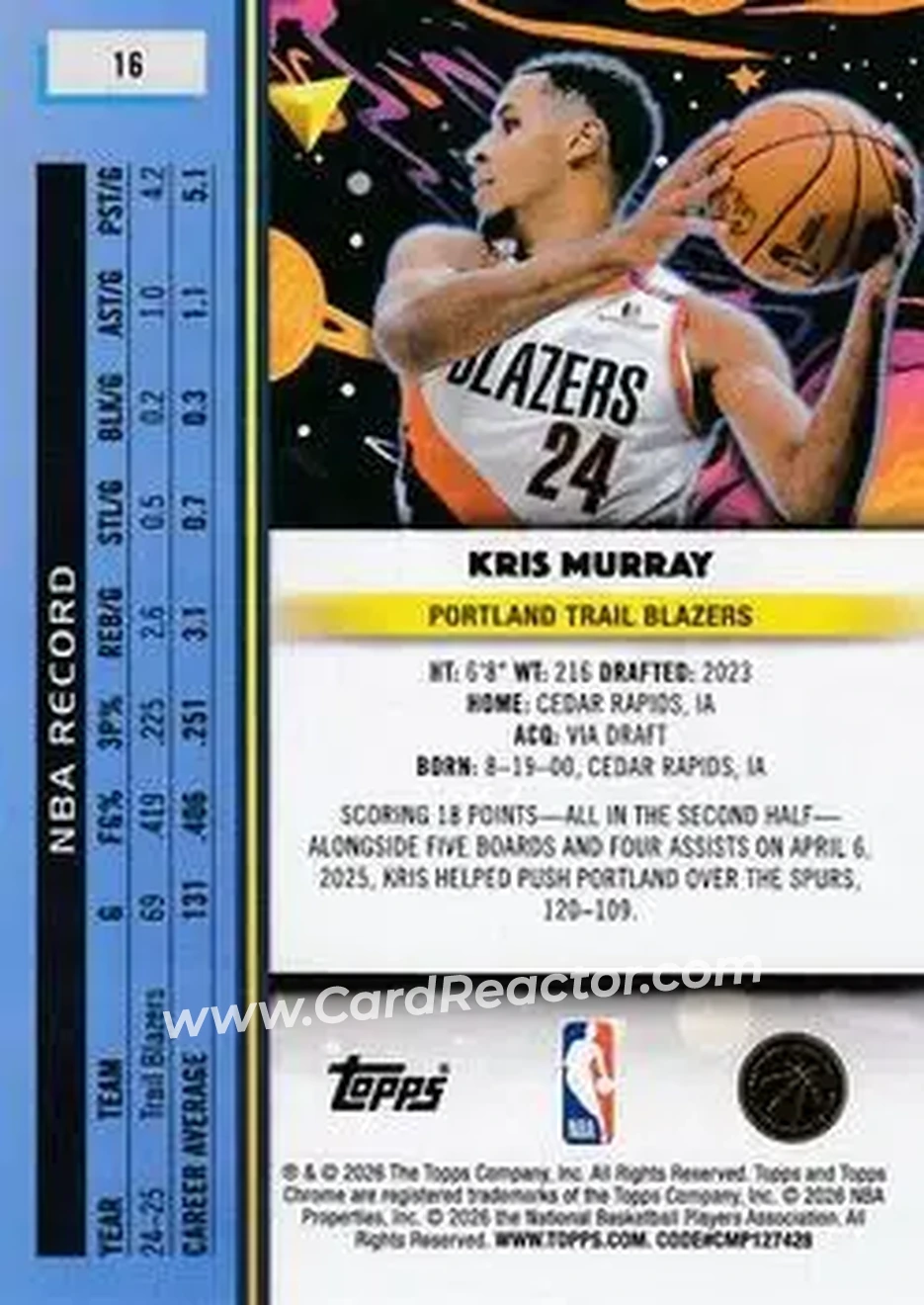 2025-26 Topps Chrome Cosmic #16 - Kris Murray - Portland Trail Blazers - Back 2025-26 Topps Chrome Cosmic #16 - Kris Murray - Portland Trail Blazers - Back