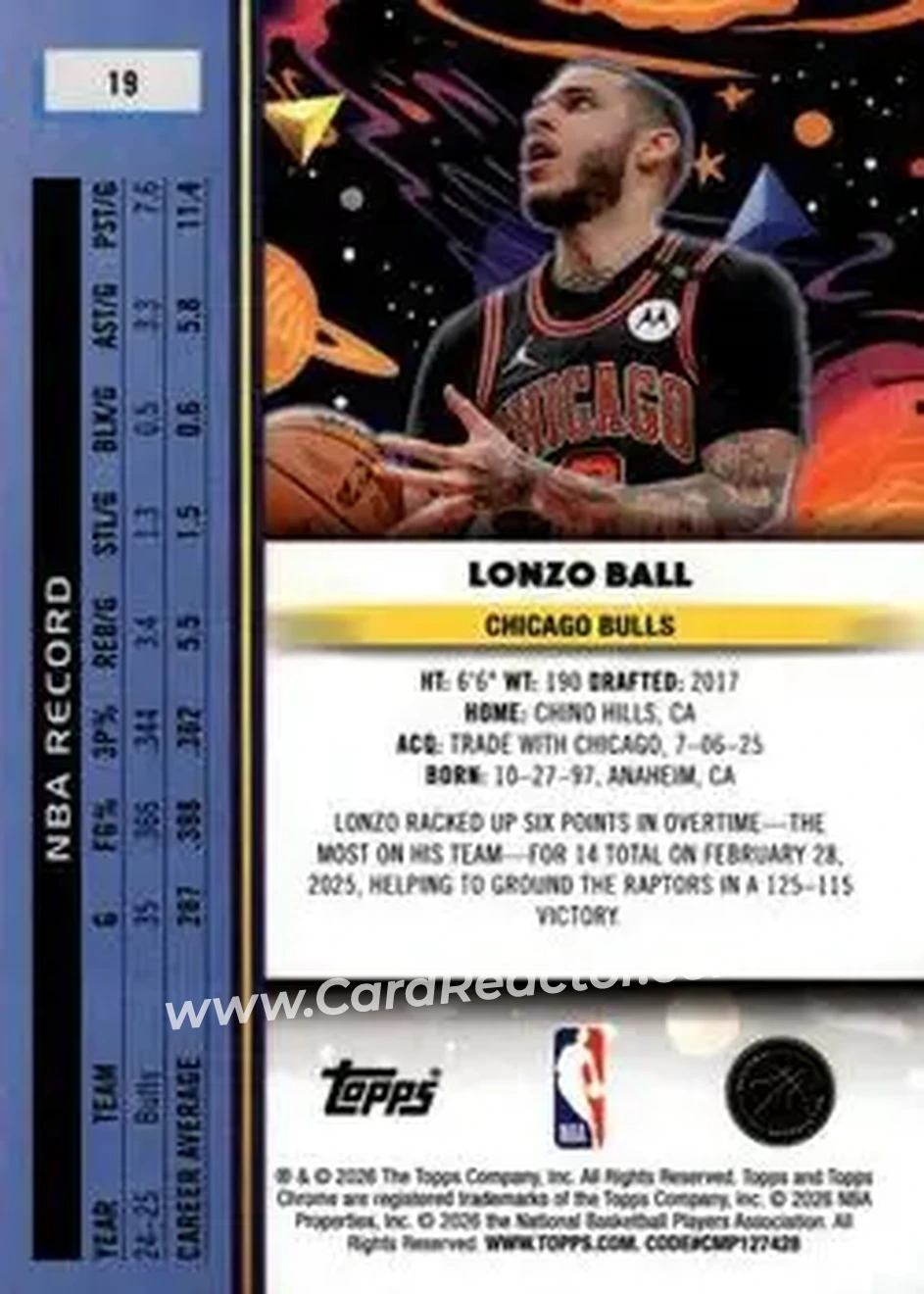 2025-26 Topps Chrome Cosmic #19 - Lonzo Ball - Chicago Bulls - Back 2025-26 Topps Chrome Cosmic #19 - Lonzo Ball - Chicago Bulls - Back
