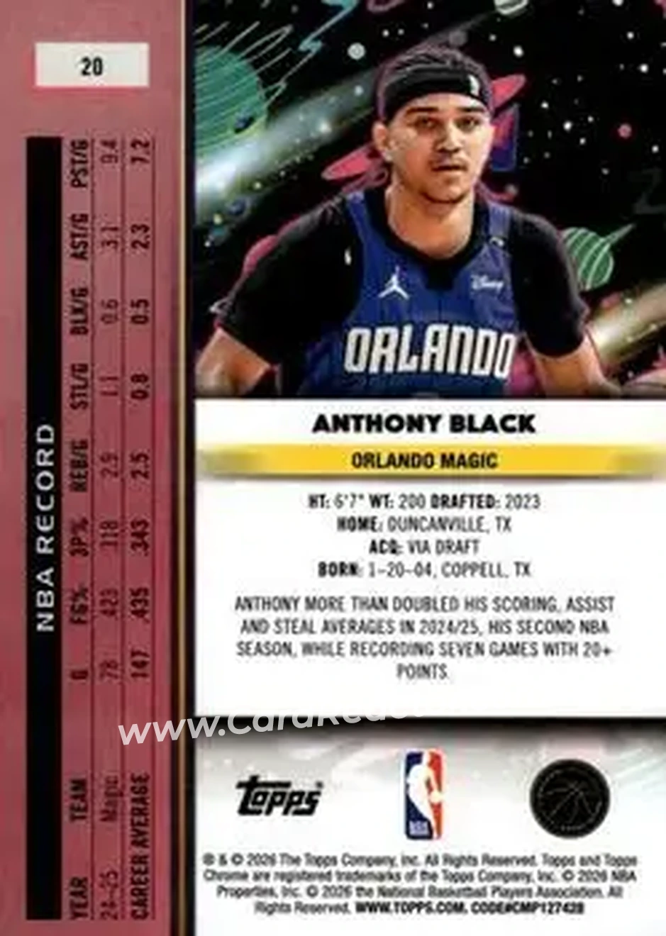 2025-26 Topps Chrome Cosmic #20 - Anthony Black - Orlando Magic - Back 2025-26 Topps Chrome Cosmic #20 - Anthony Black - Orlando Magic - Back