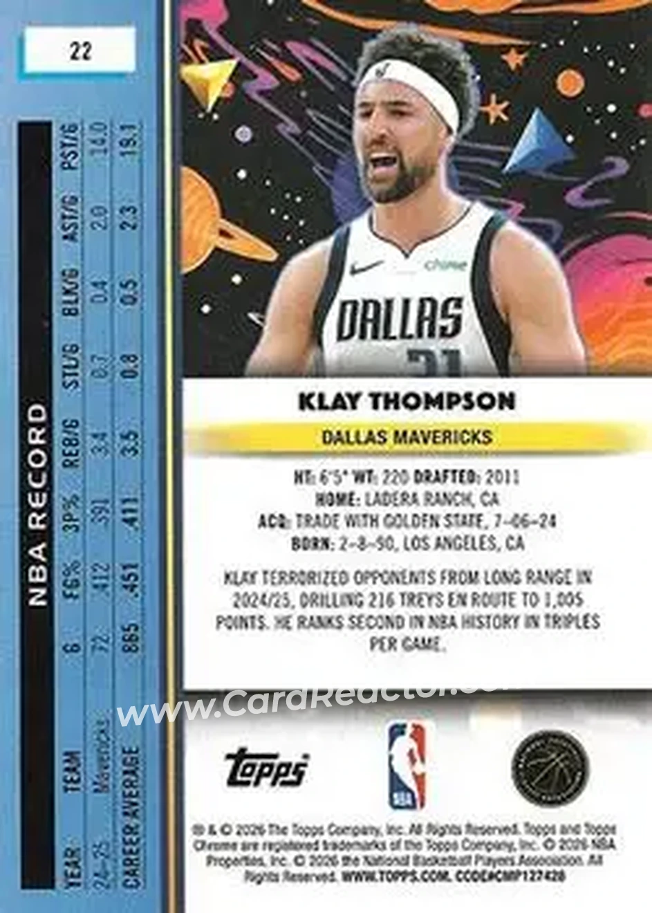2025-26 Topps Chrome Cosmic #22 - Klay Thompson - Dallas Mavericks - Back 2025-26 Topps Chrome Cosmic #22 - Klay Thompson - Dallas Mavericks - Back