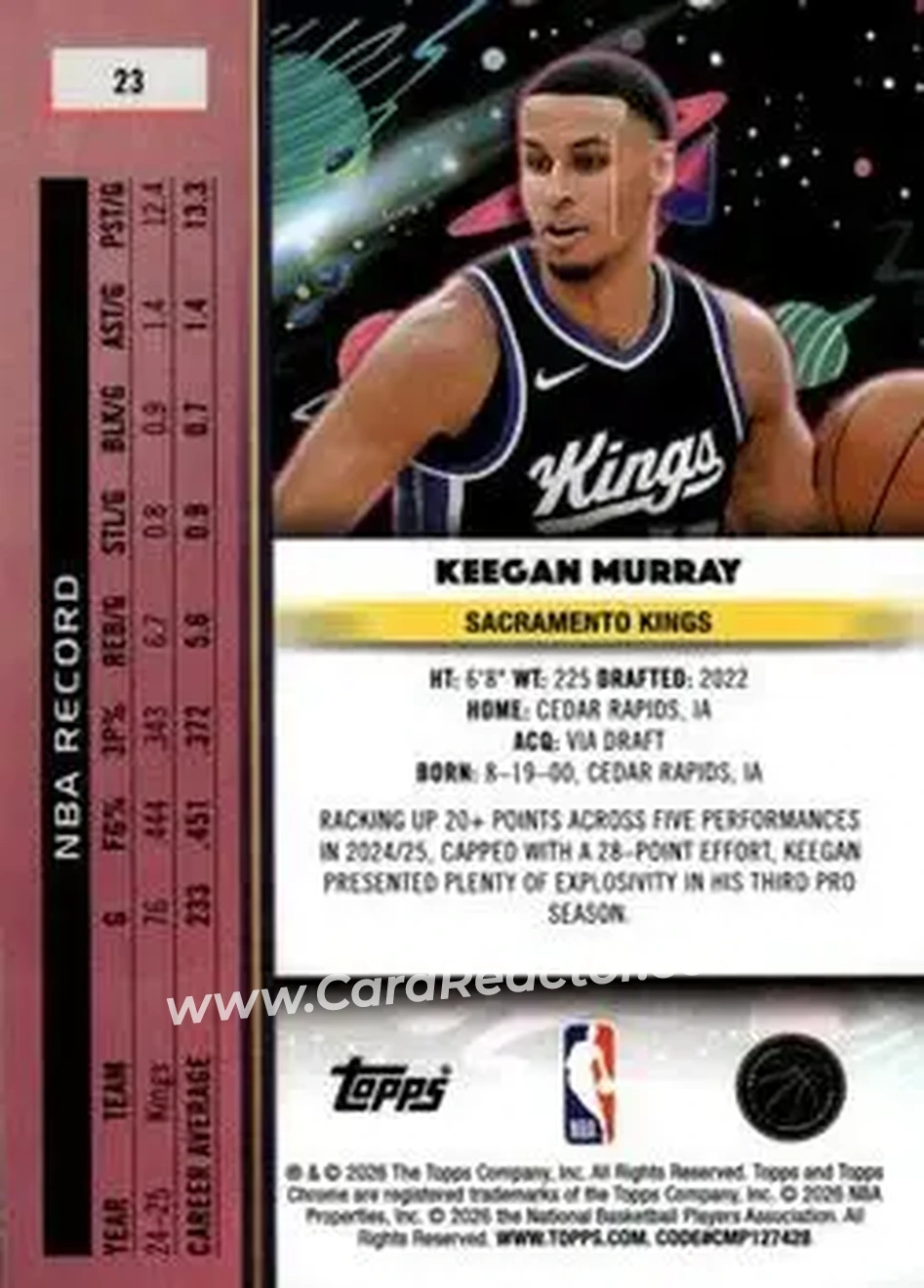 2025-26 Topps Chrome Cosmic #23 - Keegan Murray - Sacramento Kings - Back 2025-26 Topps Chrome Cosmic #23 - Keegan Murray - Sacramento Kings - Back
