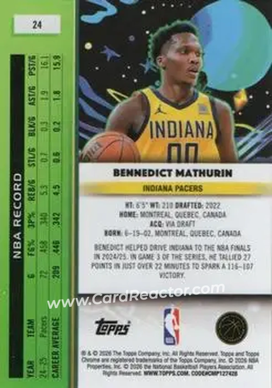 2025-26 Topps Chrome Cosmic #24 - Bennedict Mathurin - Indiana Pacers - Back