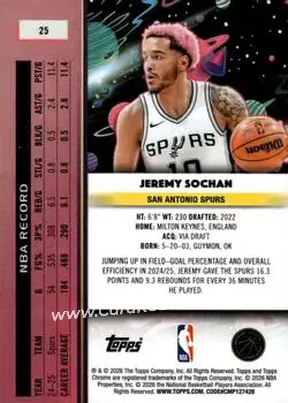 2025-26 Topps Chrome Cosmic #25 - Jeremy Sochan - San Antonio Spurs - Back