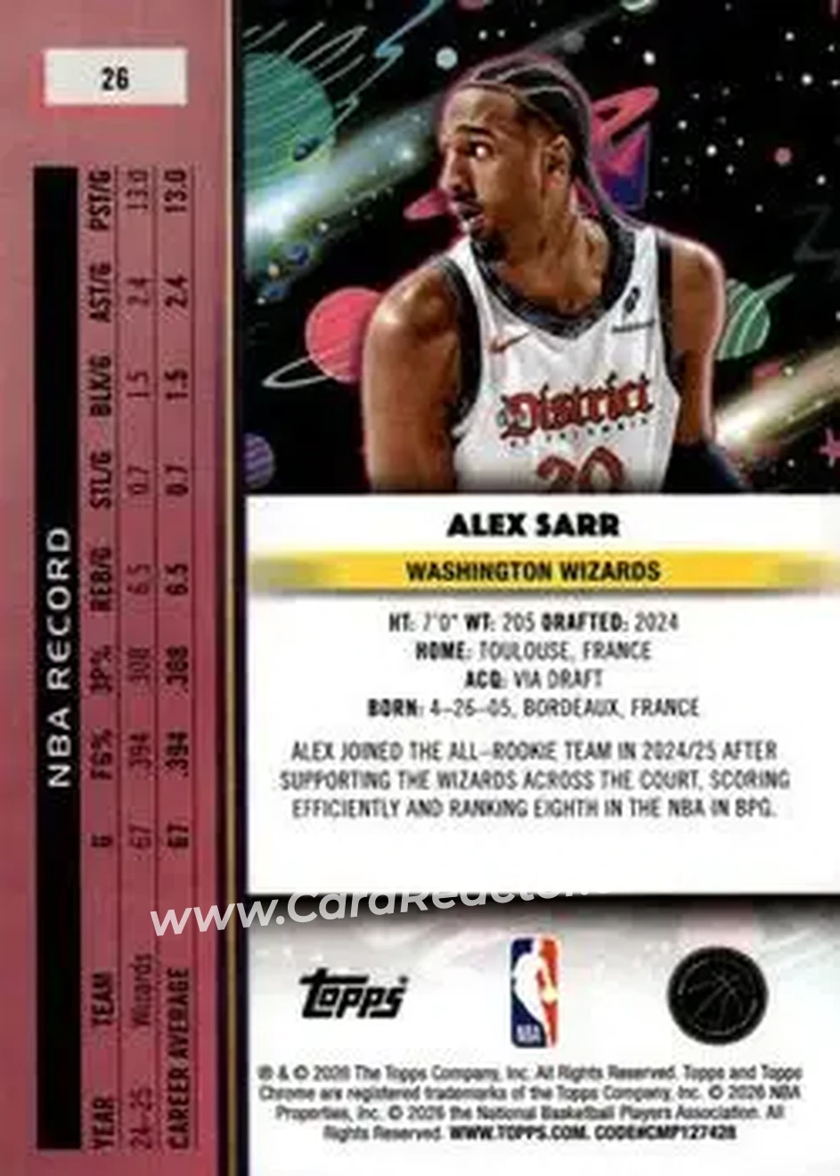 2025-26 Topps Chrome Cosmic #26 - Alex Sarr - Washington Wizards - Back