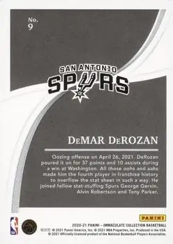 2020-21 Panini Immaculate Collection #9 - DeMar DeRozan - San Antonio Spurs - Back
