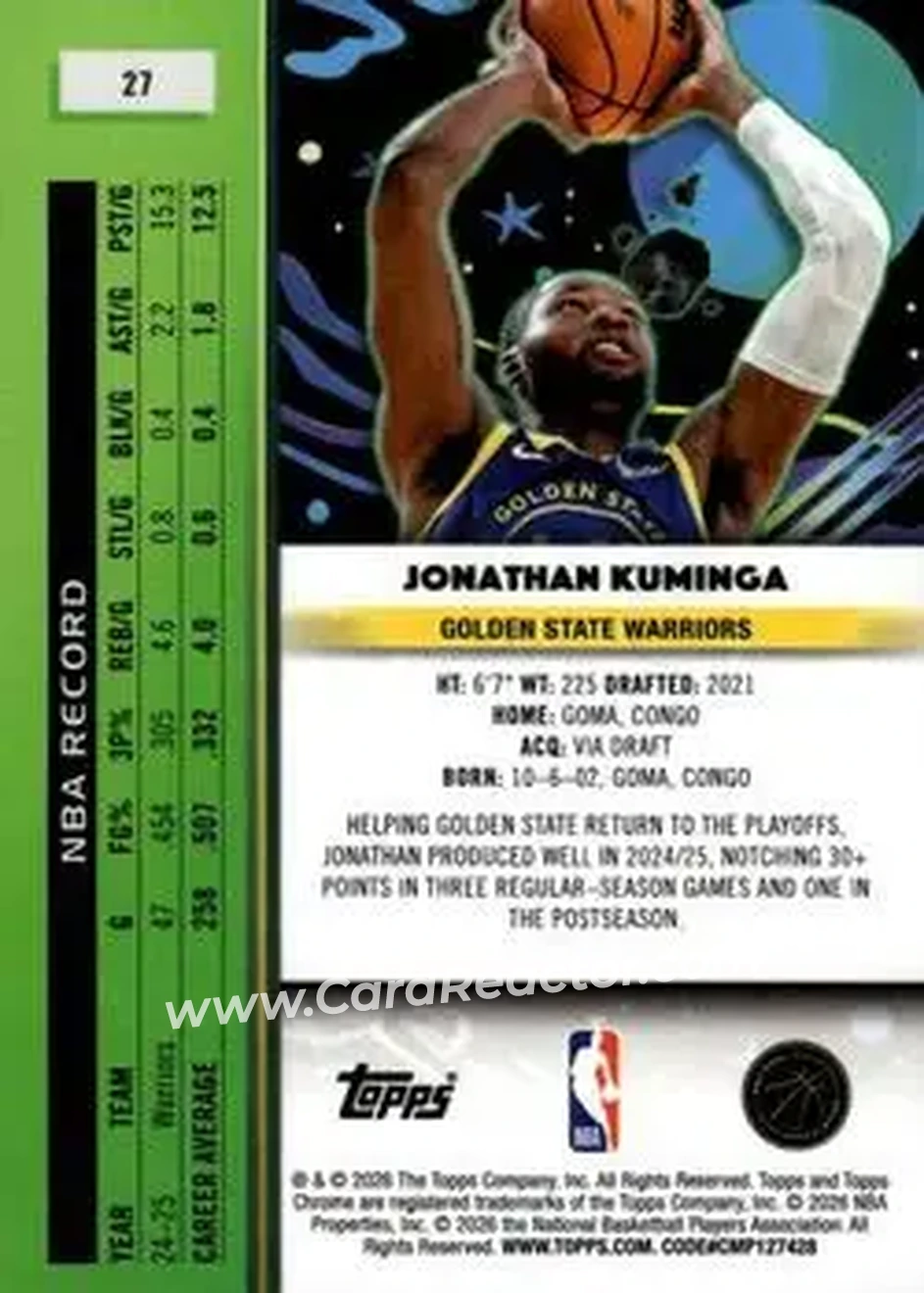 2025-26 Topps Chrome Cosmic #27 - Jonathan Kuminga - Golden State Warriors - Back 2025-26 Topps Chrome Cosmic #27 - Jonathan Kuminga - Golden State Warriors - Back