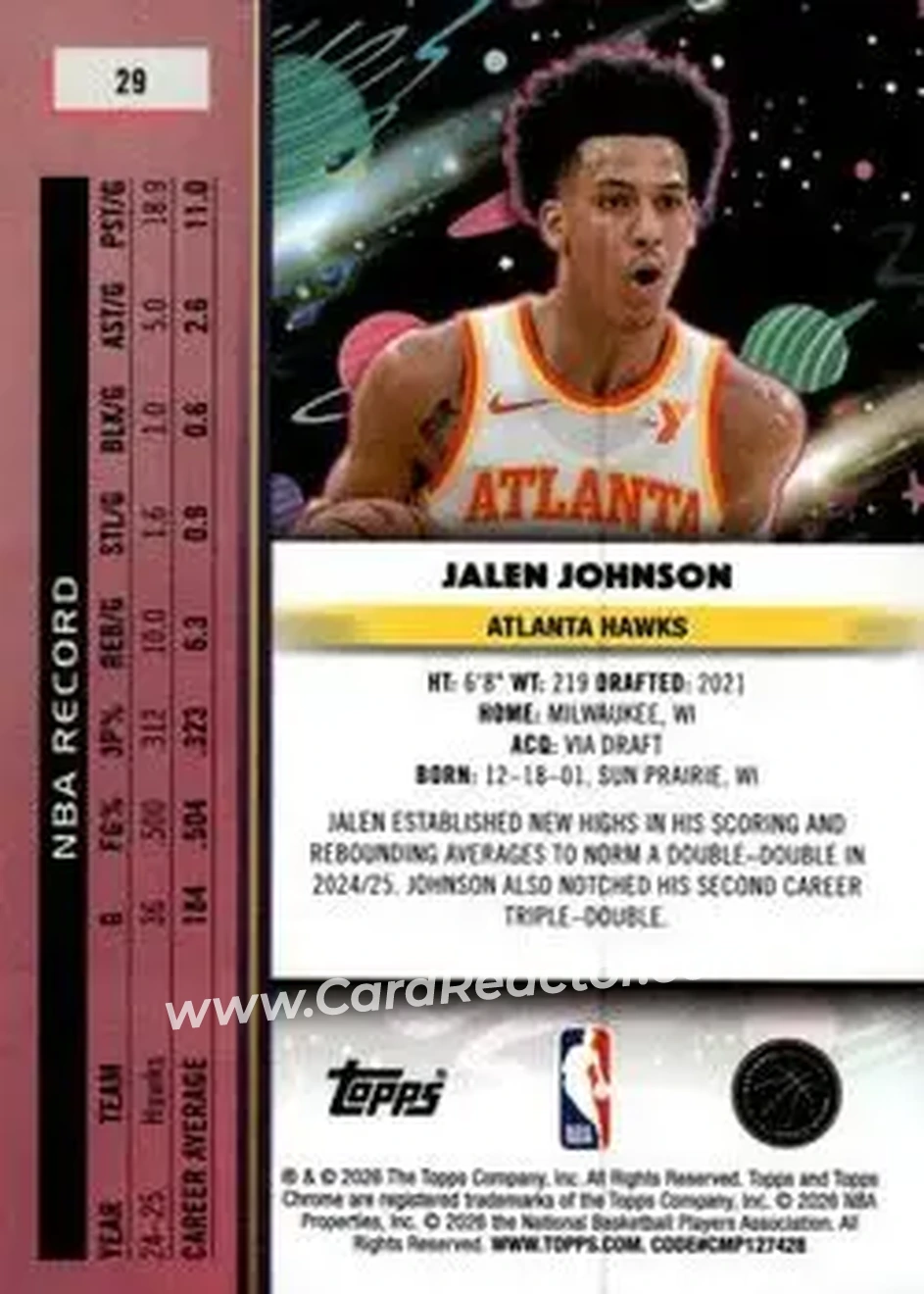 2025-26 Topps Chrome Cosmic #29 - Jalen Johnson - Atlanta Hawks - Back
