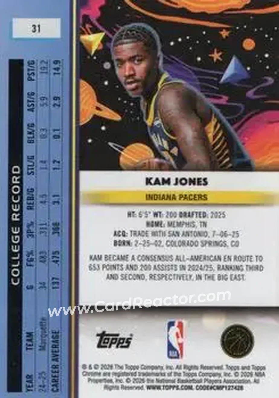2025-26 Topps Chrome Cosmic #31 - Kam Jones - Indiana Pacers - Back