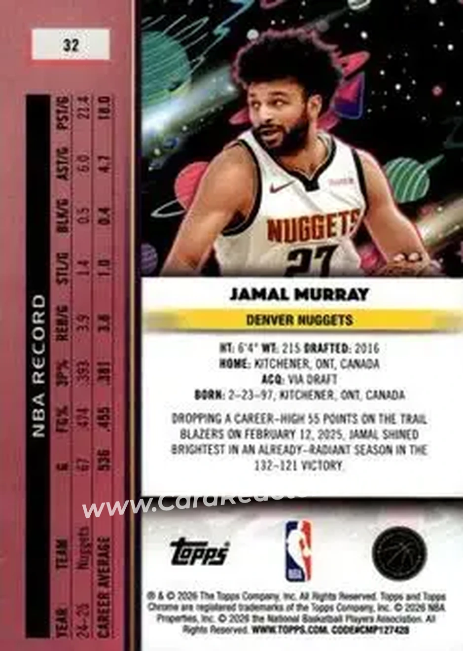 2025-26 Topps Chrome Cosmic #32 - Jamal Murray - Denver Nuggets - Back 2025-26 Topps Chrome Cosmic #32 - Jamal Murray - Denver Nuggets - Back