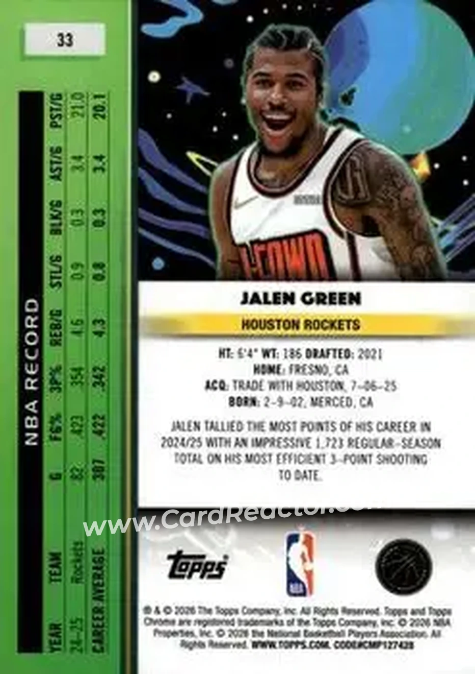 2025-26 Topps Chrome Cosmic #33 - Jalen Green - Houston Rockets - Back