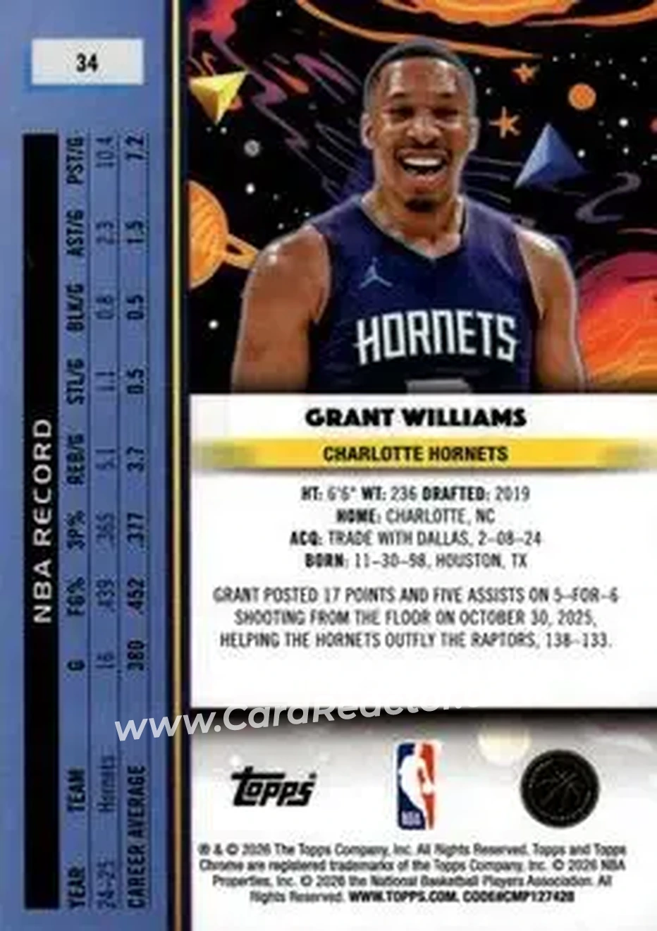 2025-26 Topps Chrome Cosmic #34 - Grant Williams - Charlotte Hornets - Back 2025-26 Topps Chrome Cosmic #34 - Grant Williams - Charlotte Hornets - Back
