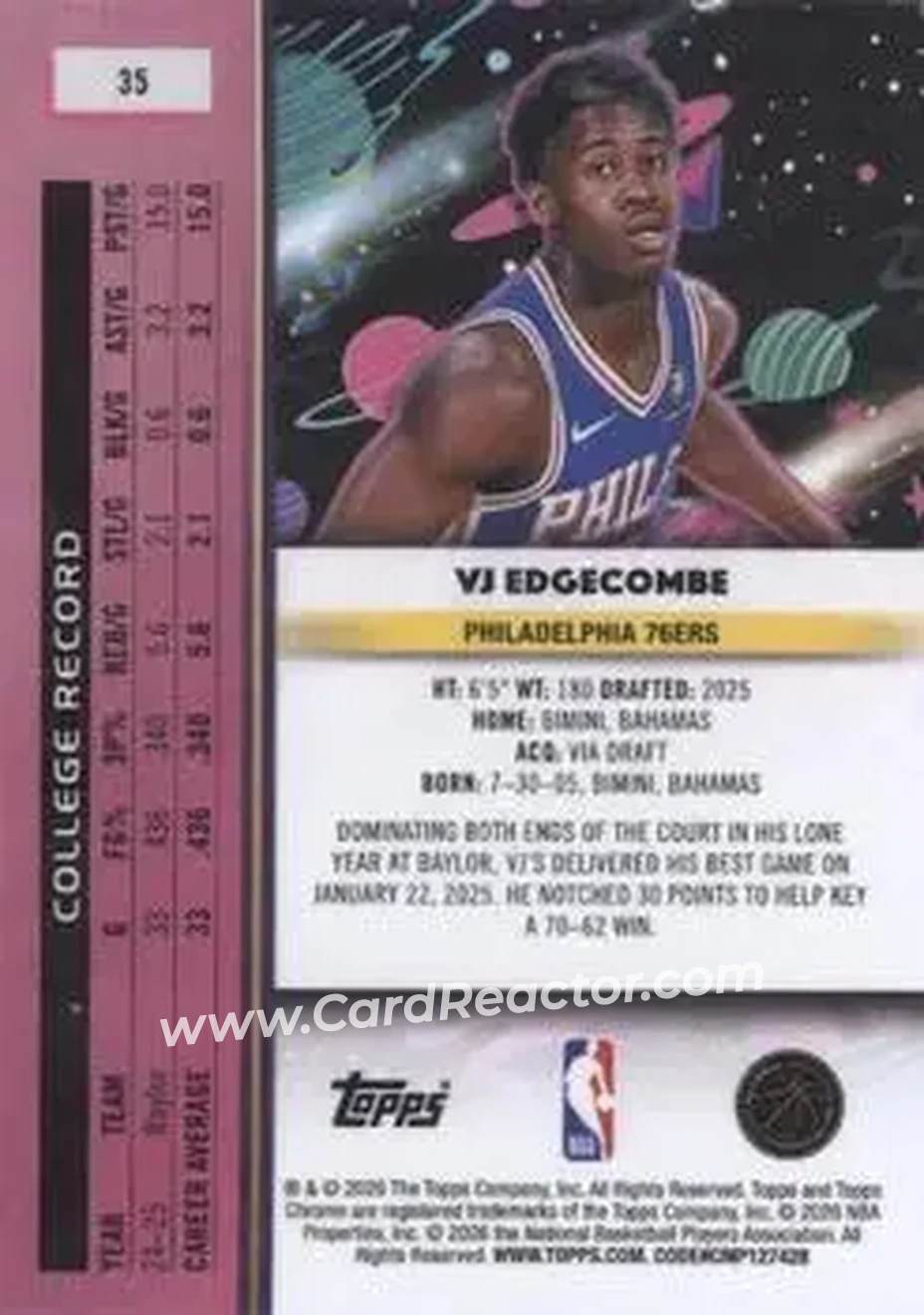 2025-26 Topps Chrome Cosmic #35 - VJ Edgecombe - Philadelphia 76ers - Back 2025-26 Topps Chrome Cosmic #35 - VJ Edgecombe - Philadelphia 76ers - Back