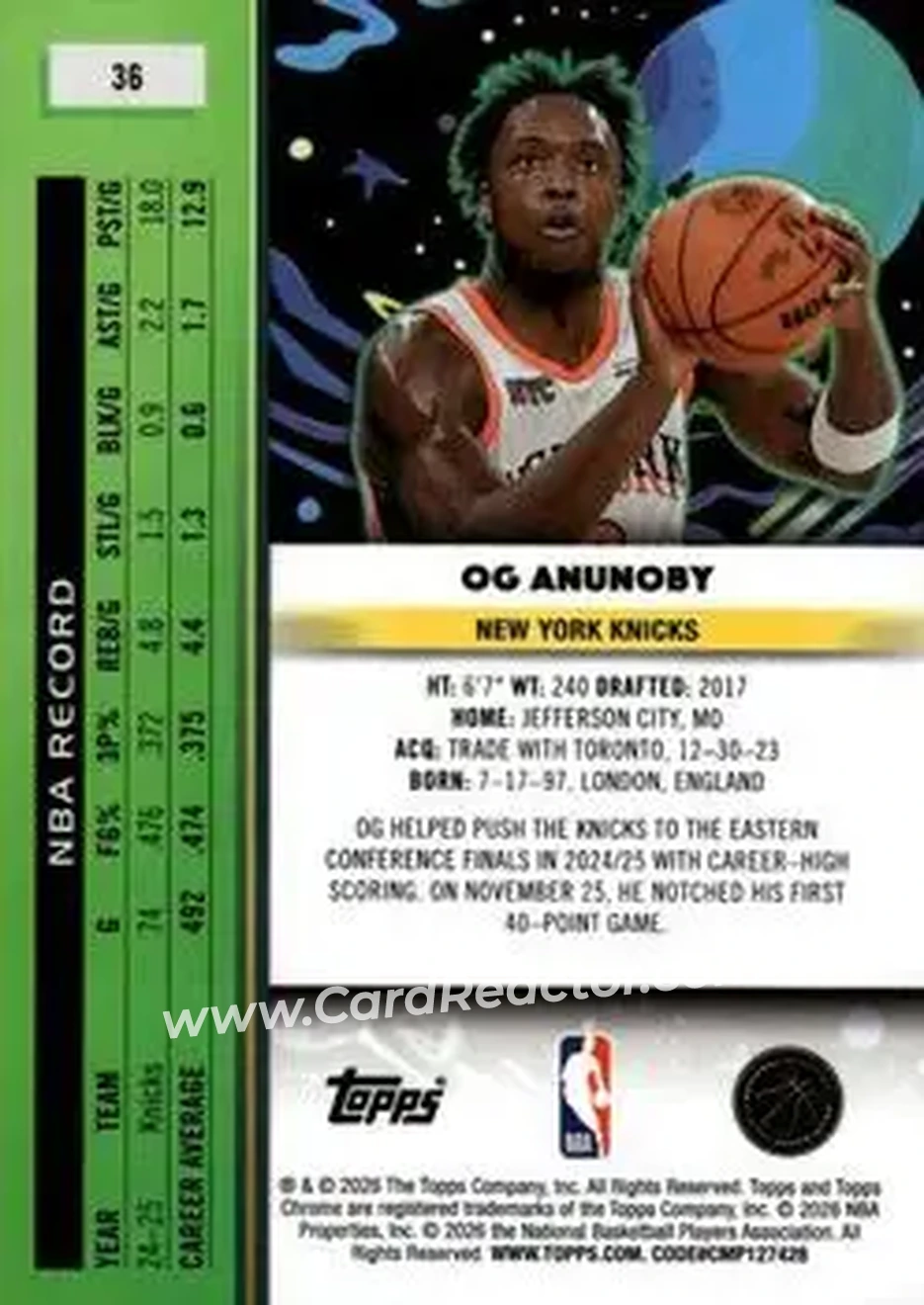 2025-26 Topps Chrome Cosmic #36 - OG Anunoby - New York Knicks - Back