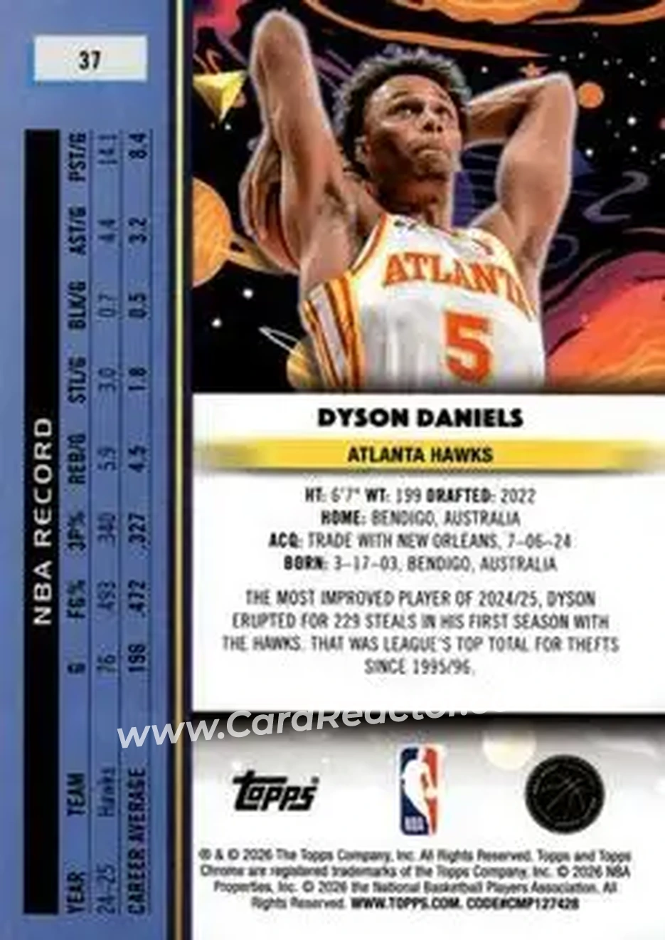 2025-26 Topps Chrome Cosmic #37 - Dyson Daniels - Atlanta Hawks - Back