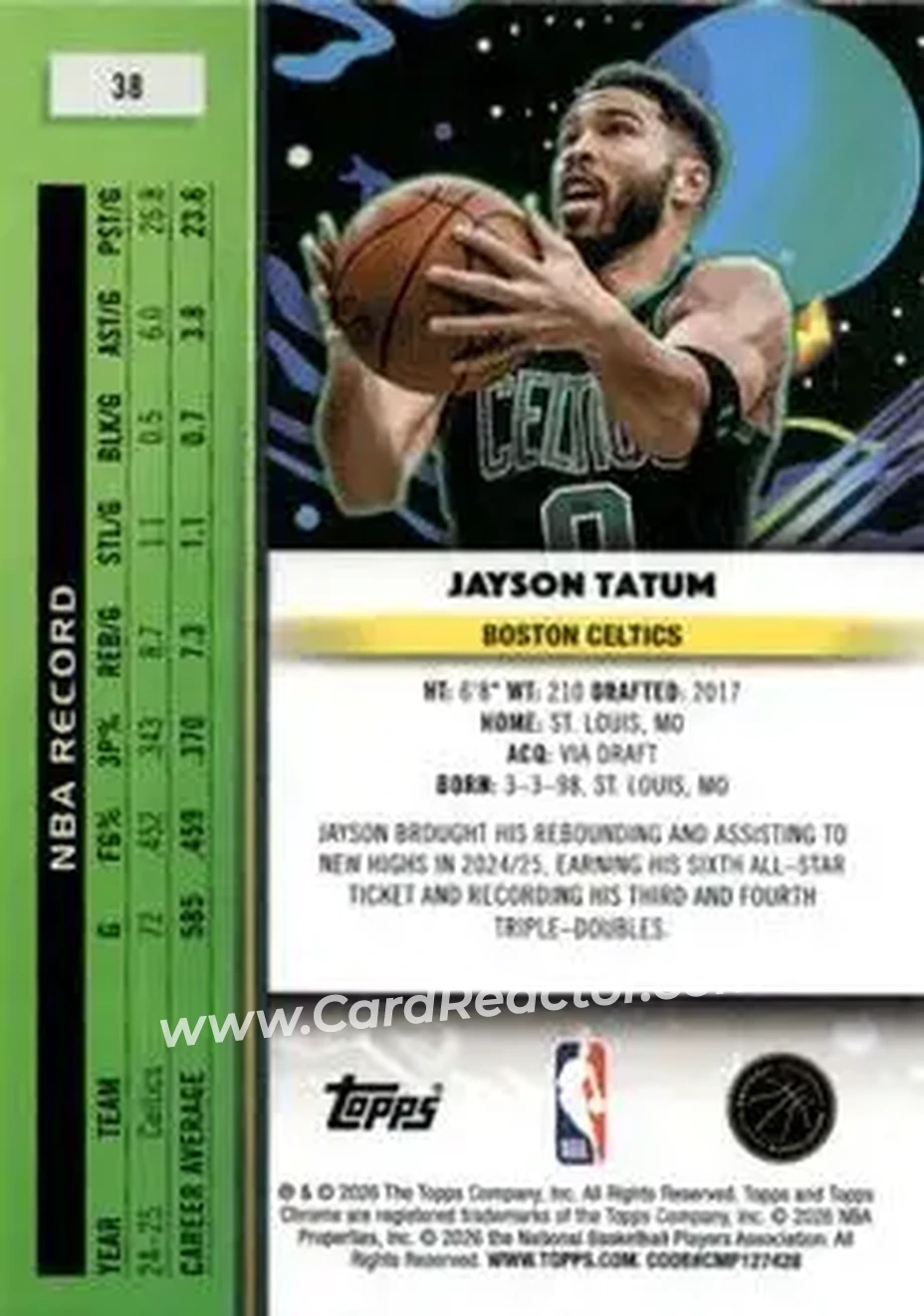 2025-26 Topps Chrome Cosmic #38 - Jayson Tatum - Boston Celtics - Back 2025-26 Topps Chrome Cosmic #38 - Jayson Tatum - Boston Celtics - Back