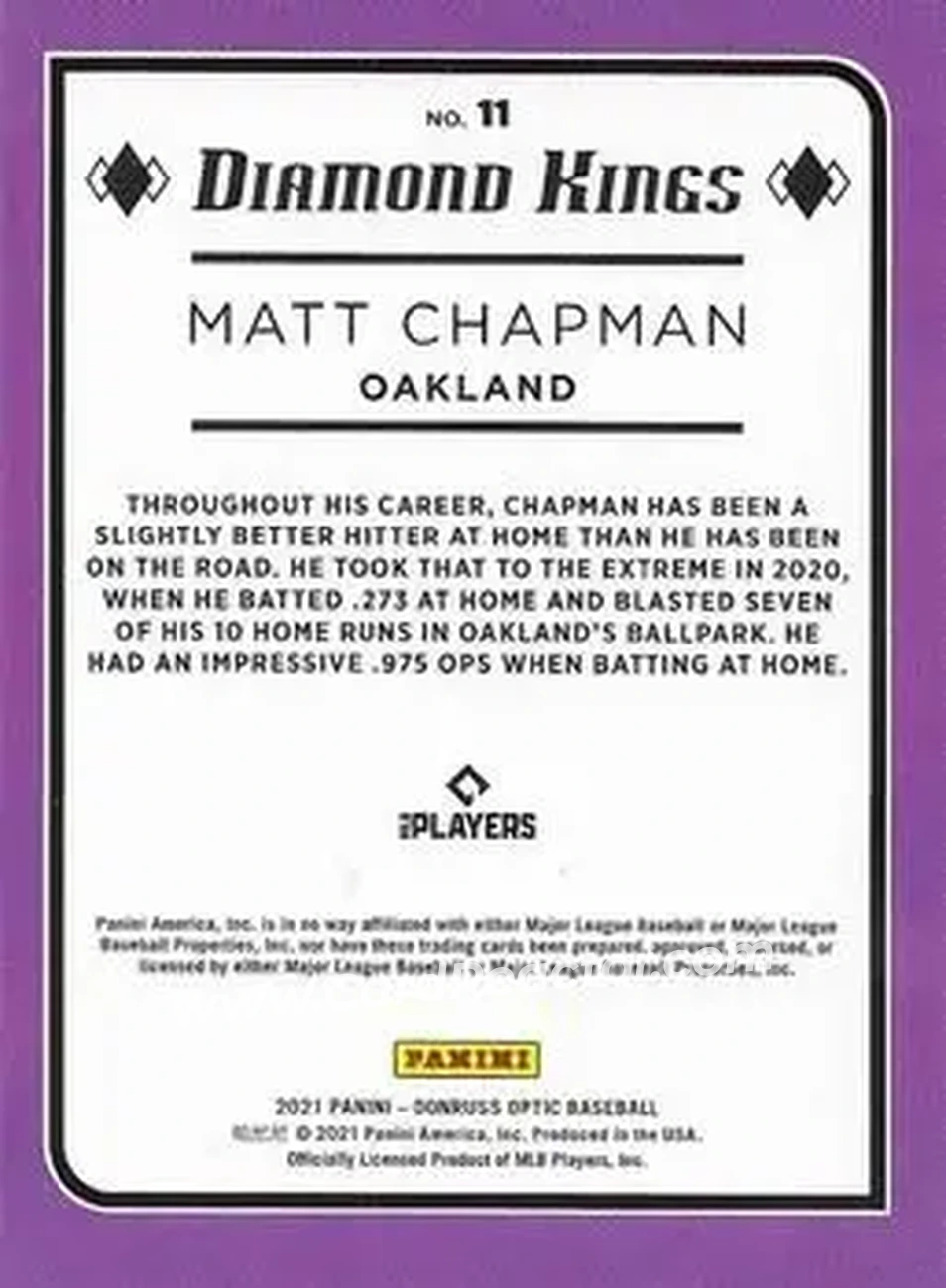2021 Donruss Optic #11 - Matt Chapman - Oakland Athletics - Back 2021 Donruss Optic #11 - Matt Chapman - Oakland Athletics - Back