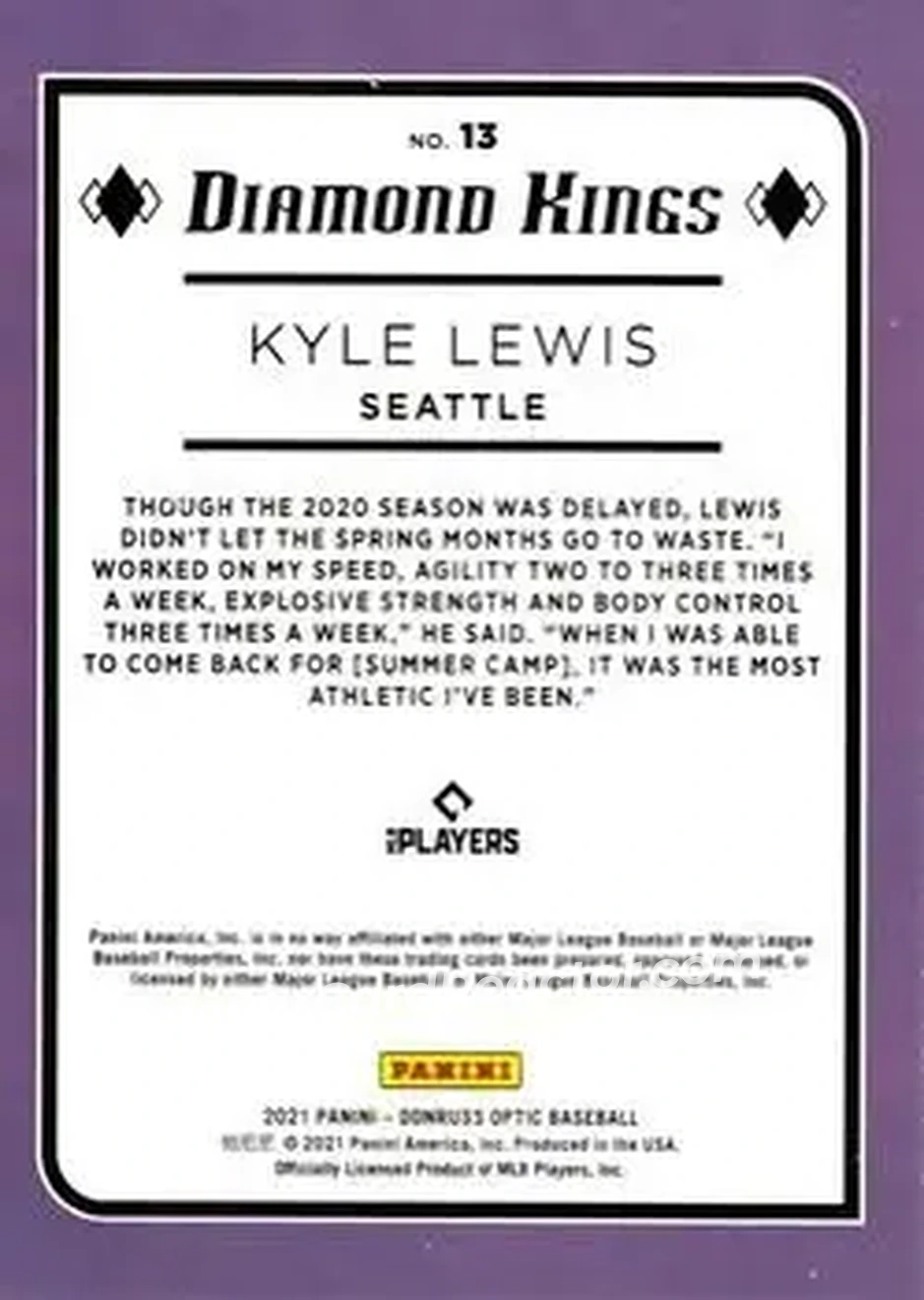 2021 Donruss Optic #13 - Kyle Lewis - Seattle Mariners - Back