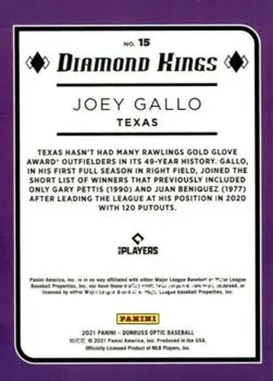 2021 Donruss Optic #15 - Joey Gallo - Texas Rangers - Back