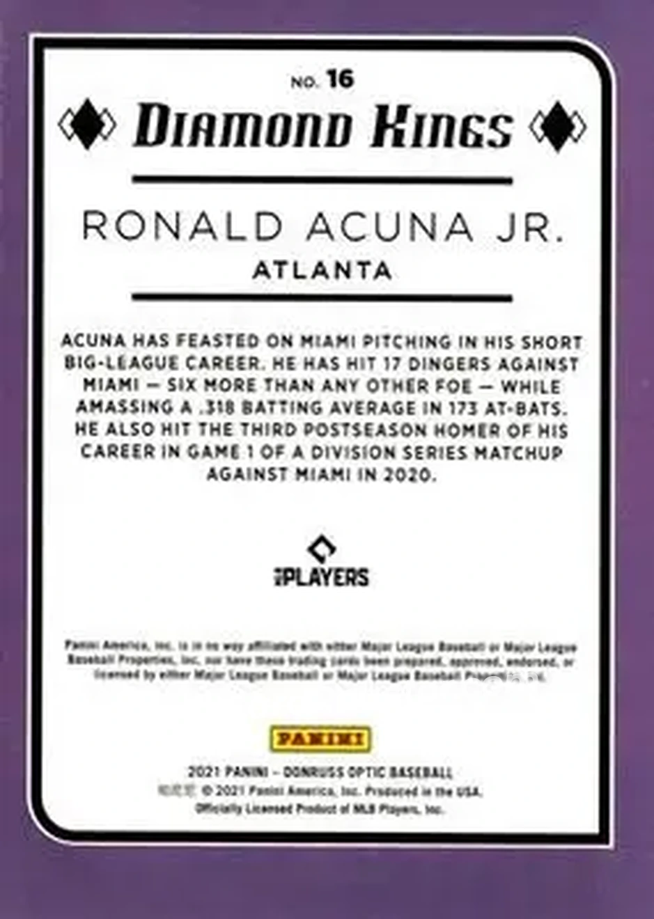 2021 Donruss Optic #16 - Ronald Acuña Jr. - Atlanta Braves - Back 2021 Donruss Optic #16 - Ronald Acuña Jr. - Atlanta Braves - Back
