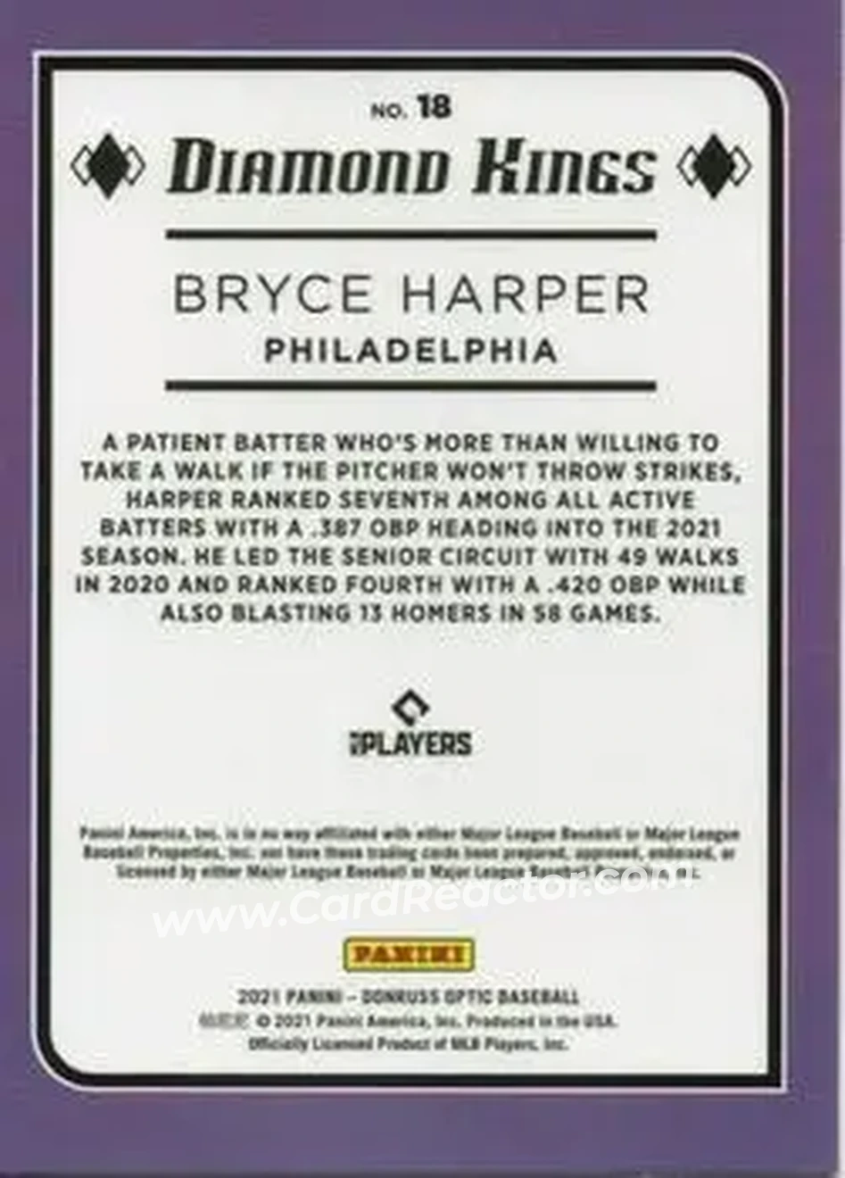 2021 Donruss Optic #18 - Bryce Harper - Philadelphia Phillies - Back 2021 Donruss Optic #18 - Bryce Harper - Philadelphia Phillies - Back