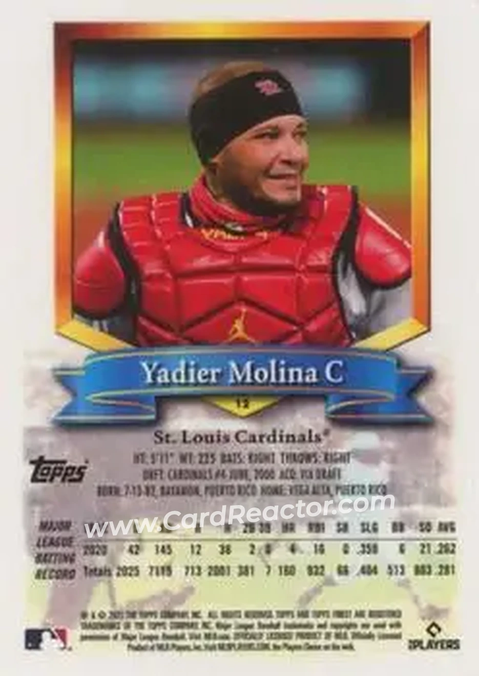 2021 Finest Flashbacks #12 - Yadier Molina - St. Louis Cardinals - Back