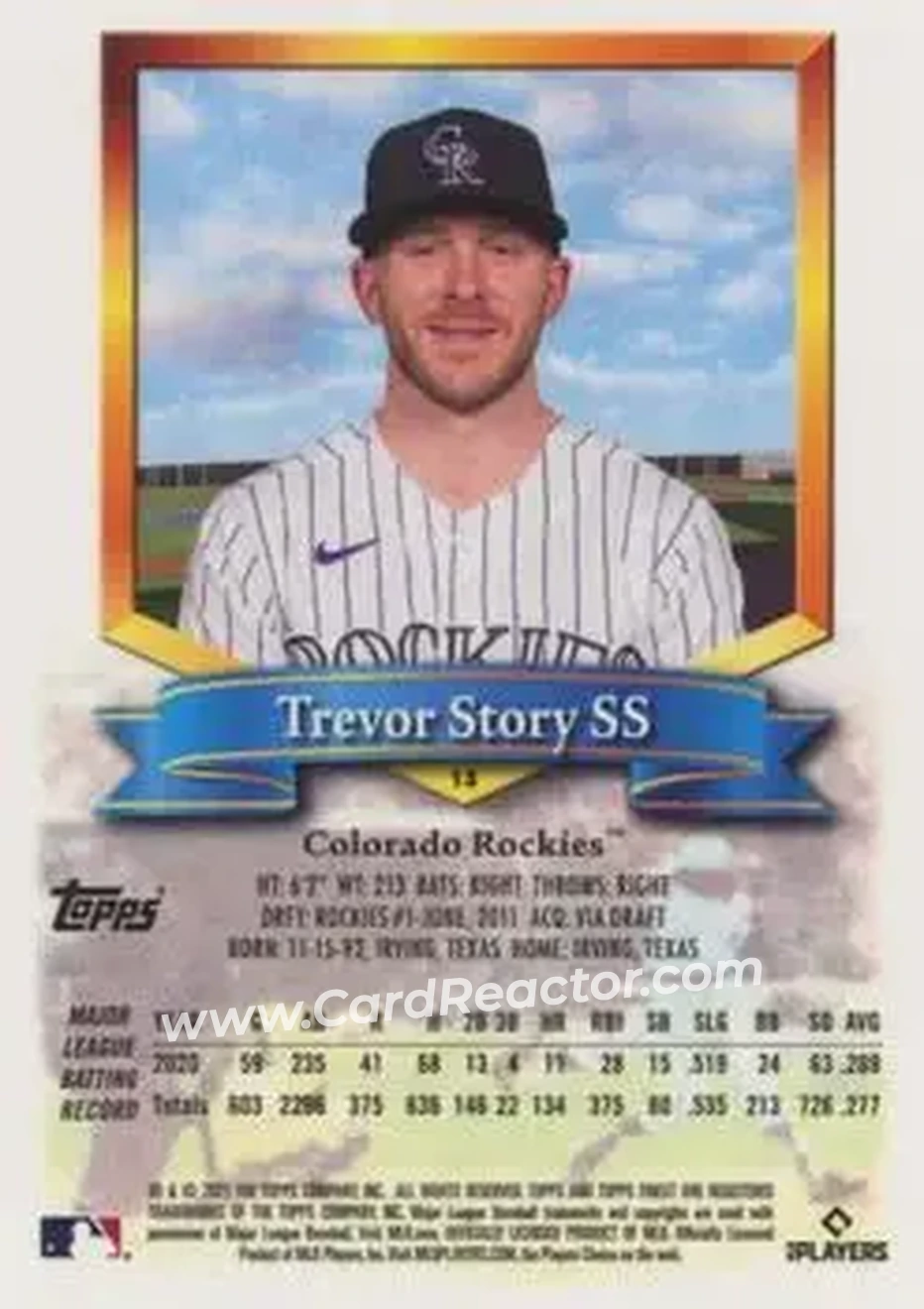 2021 Finest Flashbacks #13 - Trevor Story - Colorado Rockies - Back
