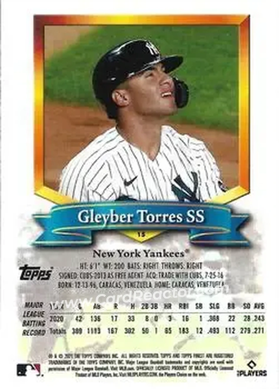 2021 Finest Flashbacks #15 - Gleyber Torres - New York Yankees - Back
