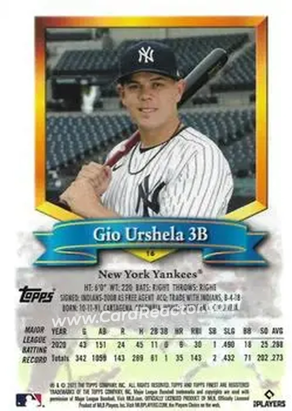 2021 Finest Flashbacks #16 - Gio Urshela - New York Yankees - Back