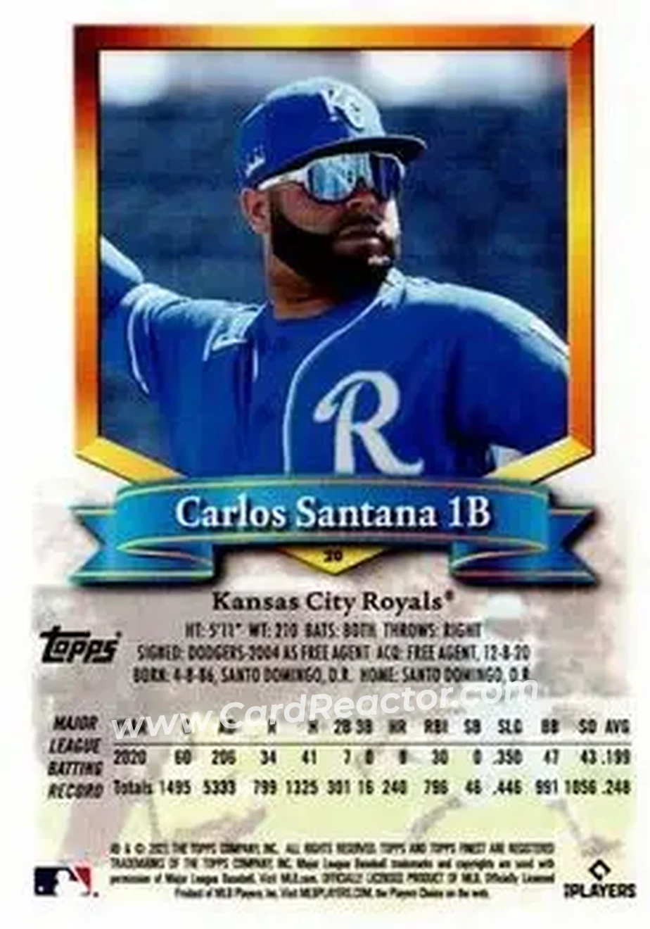 2021 Finest Flashbacks #20 - Carlos Santana - Kansas City Royals - Back