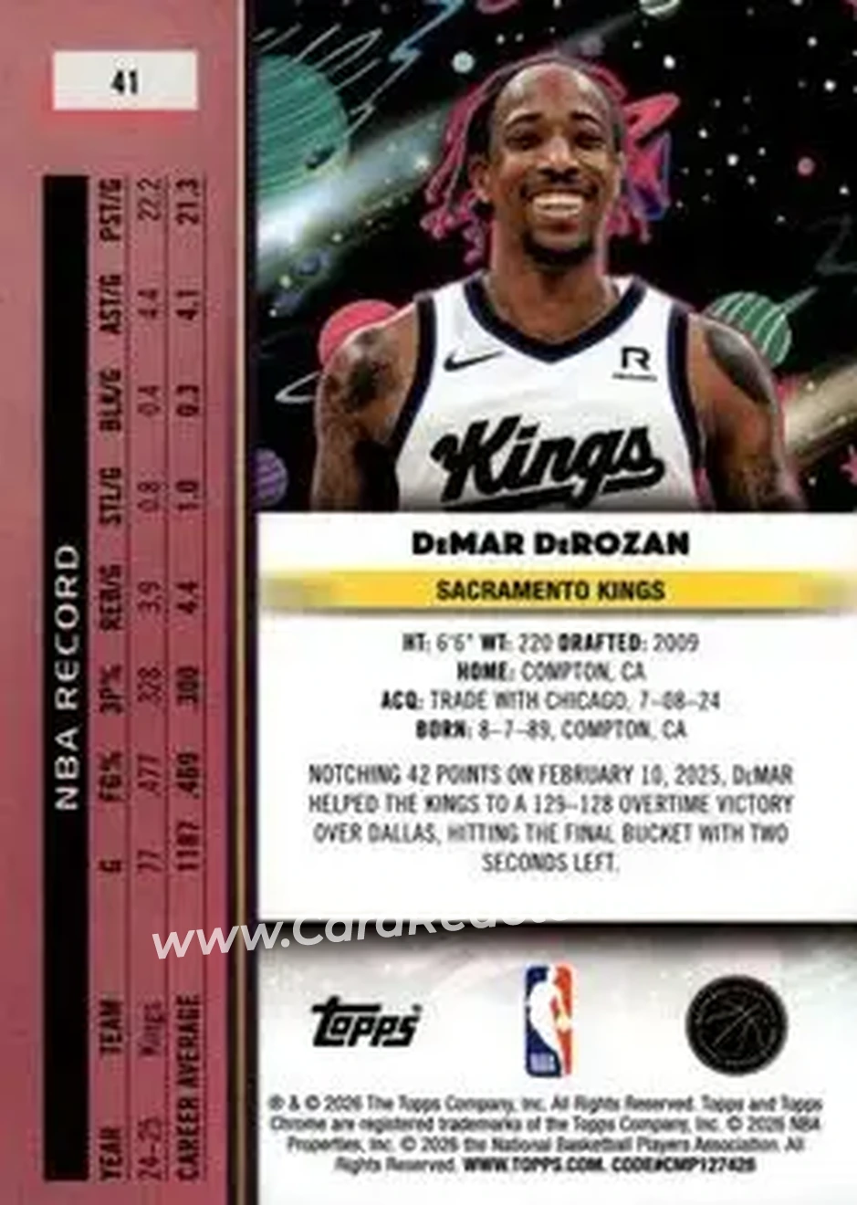 2025-26 Topps Chrome Cosmic #41 - DeMar DeRozan - Sacramento Kings - Back
