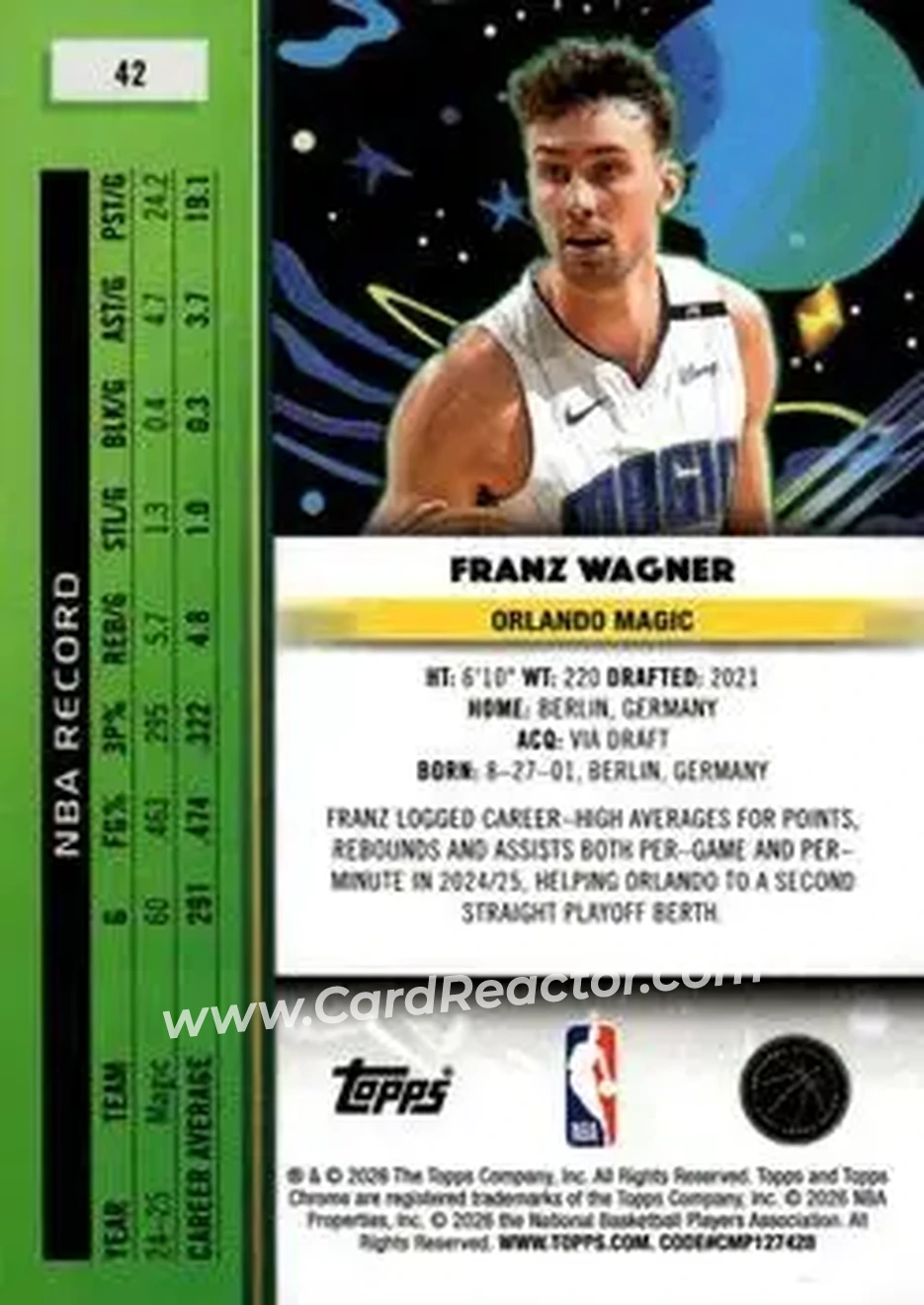 2025-26 Topps Chrome Cosmic #42 - Franz Wagner - Orlando Magic - Back 2025-26 Topps Chrome Cosmic #42 - Franz Wagner - Orlando Magic - Back