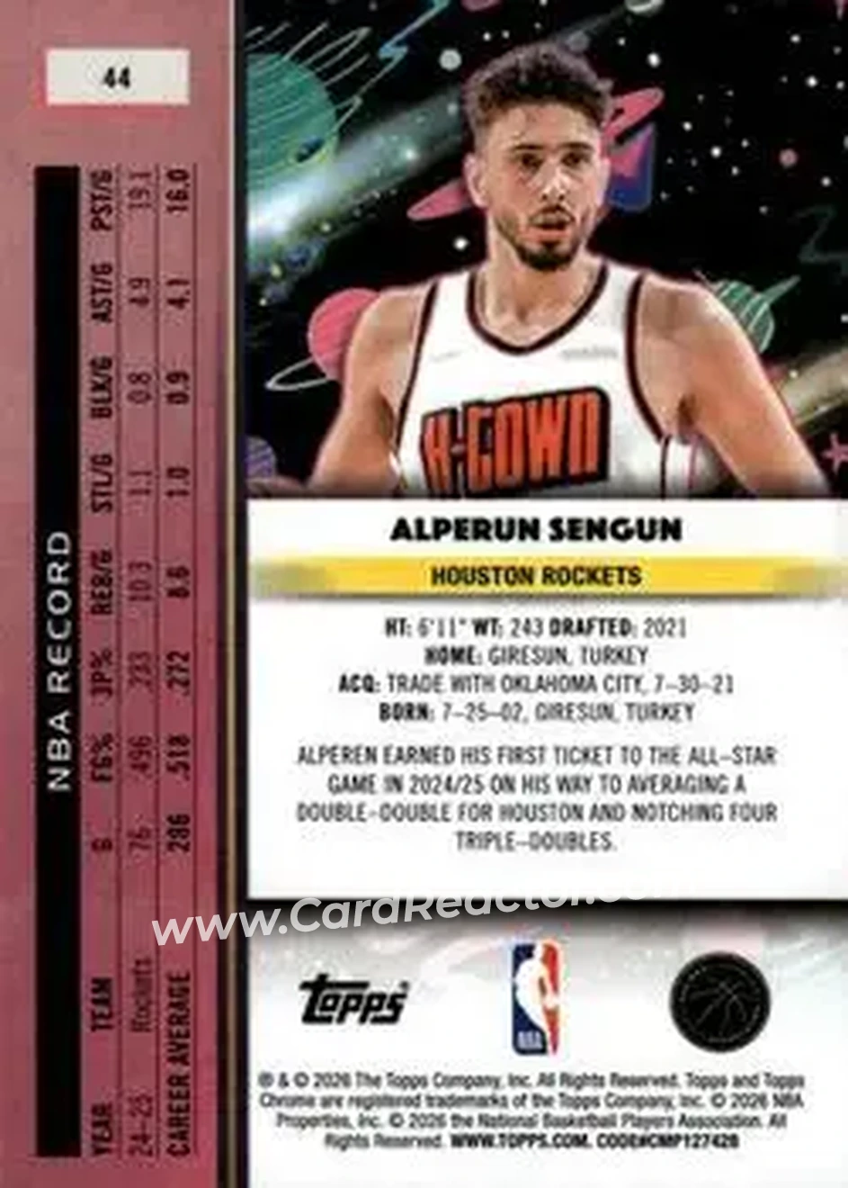 2025-26 Topps Chrome Cosmic #44 - Alperen Sengun - Houston Rockets - Back