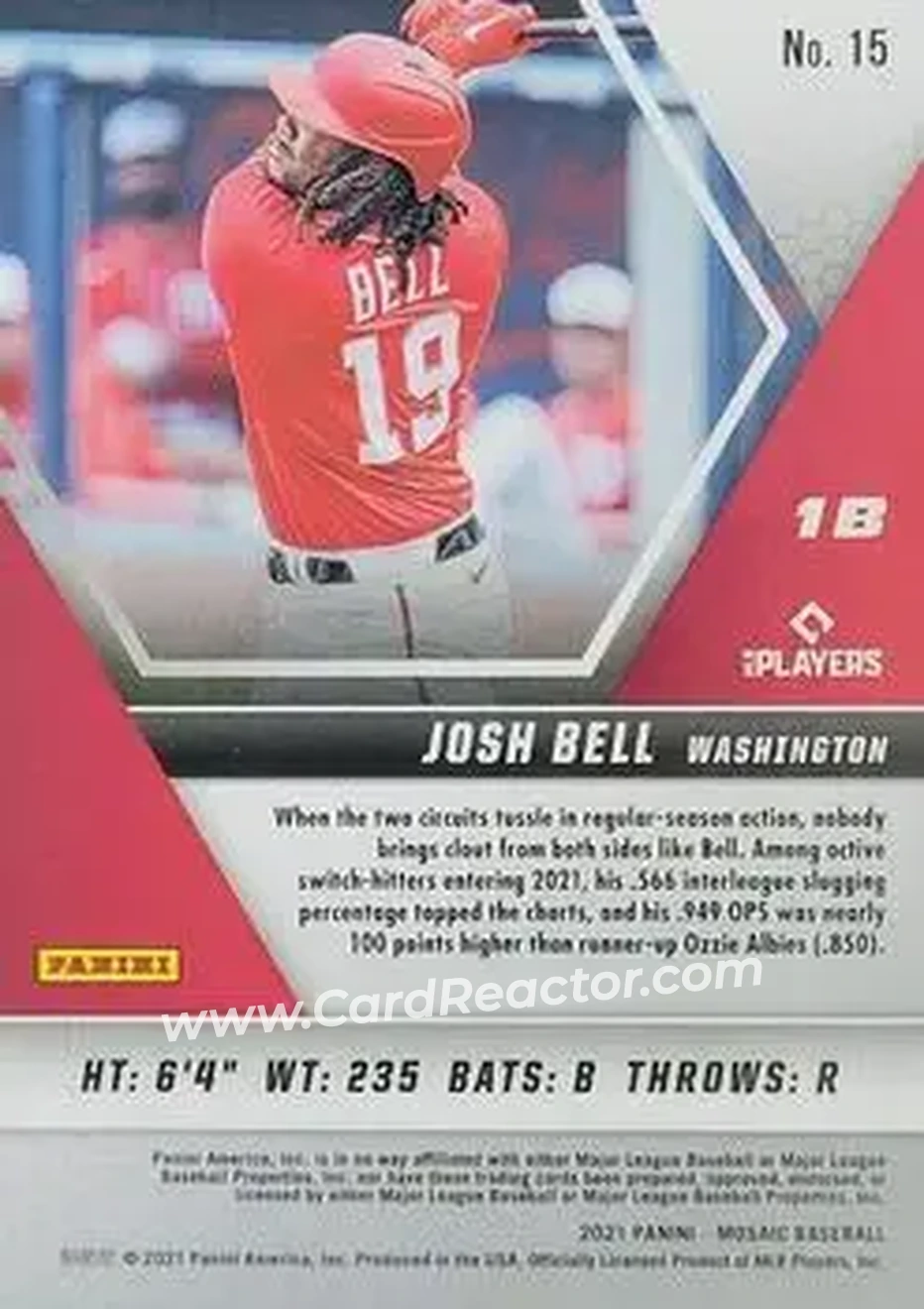 2021 Panini Mosaic #15 - Josh Bell - Washington Nationals - Back 2021 Panini Mosaic #15 - Josh Bell - Washington Nationals - Back